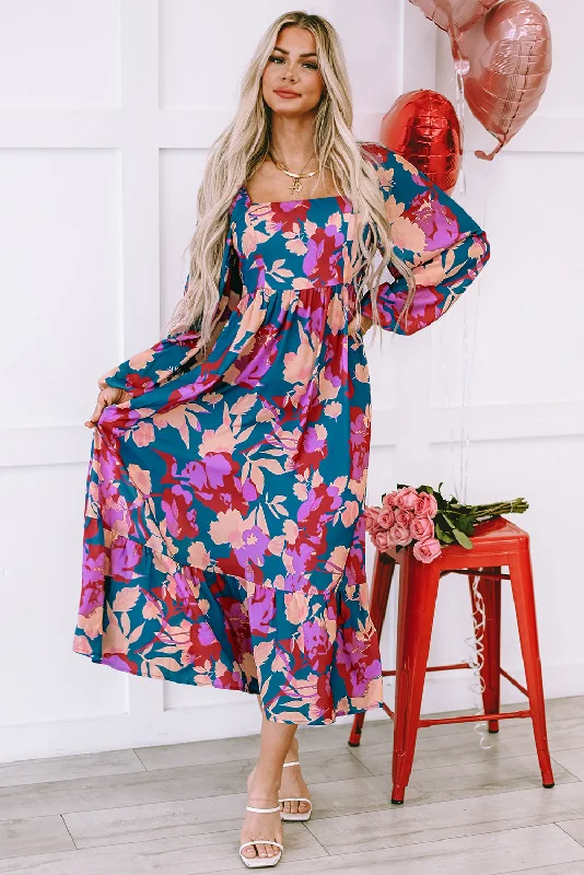 Floral Print Square Neck Ruffled High Waist Dress A-Line Day Work