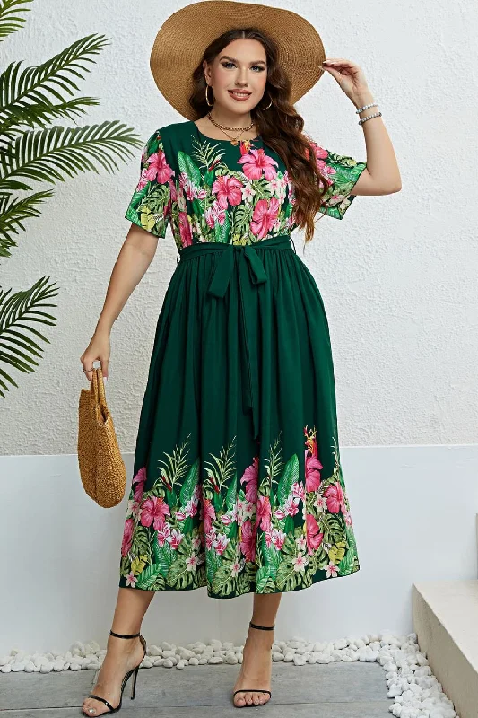 Floral Tie-Waist Round Neck Dress Tunics Fall fleece