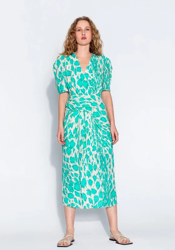 Kameya Leopard Inspired Print Long Dress, Turquoise Tunics Satin smooth
