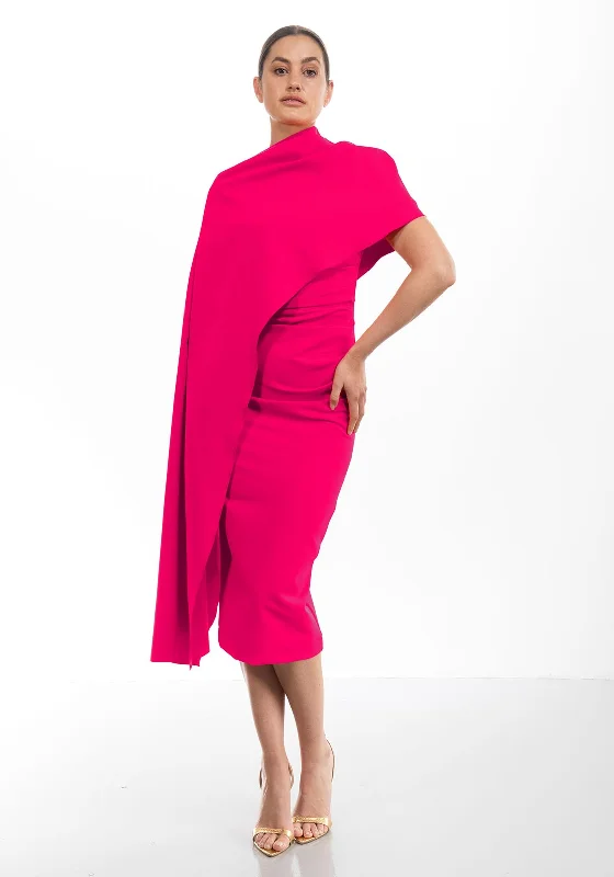 Kevan Jon Alice Cape Sleeve Midi Dress, Hot Pink Tunics stripes playful