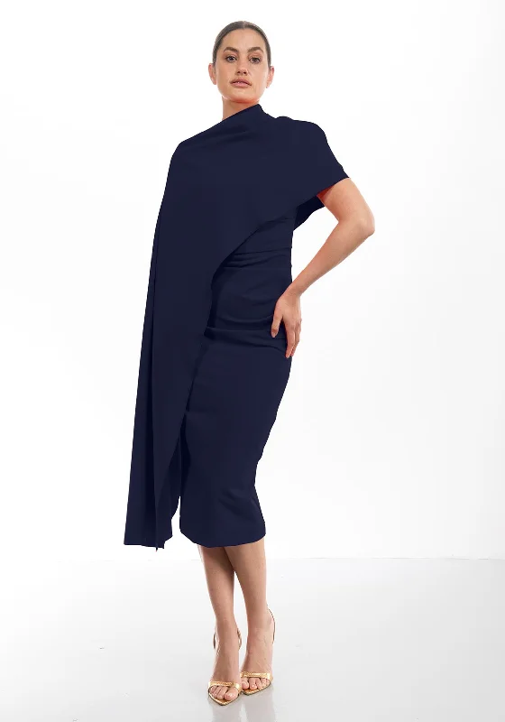 Kevan Jon Alice Cape Sleeve Mide Dress, Navy Tunics Polka dots