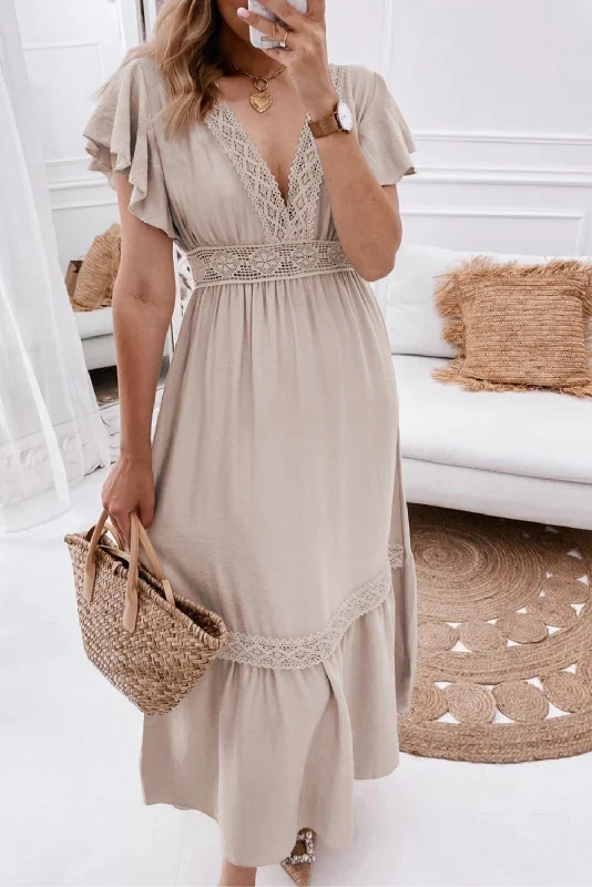 Lace V Neck Ruffled Sleeve Empire Waist Dress Tunics Chic elegant
