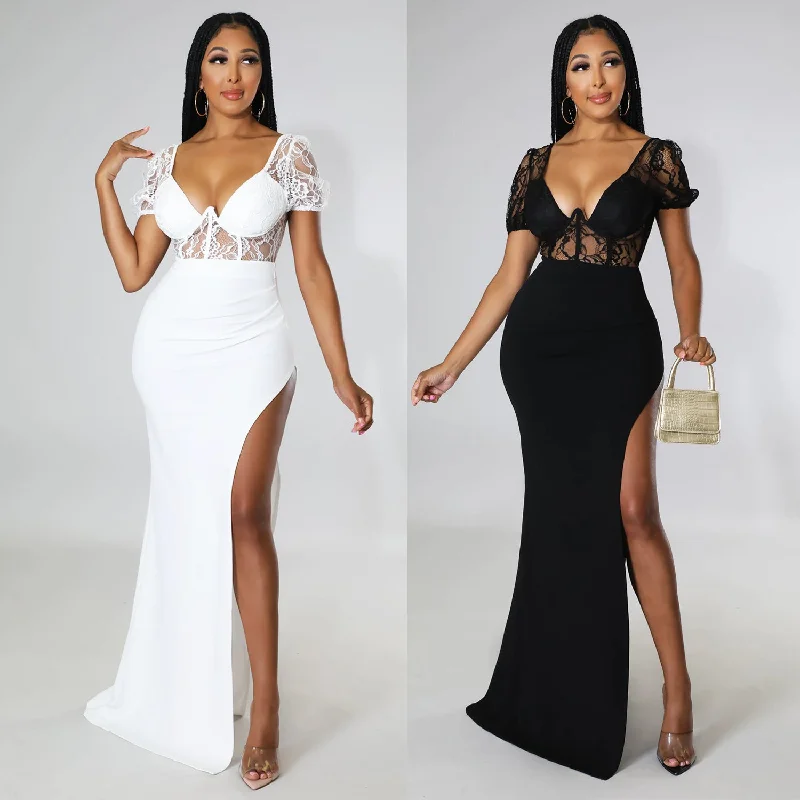 Ladies Fashion Lace Ladies Slit Long Dress Tunics Sale discount