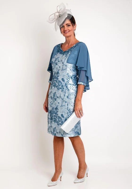 Lizabella Chiffon Cape Embossed Midi Dress, Teal Tunics Short Trendy
