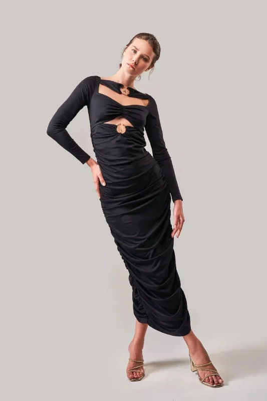 MIDNIGHT RING DETAIL RUCHED DRESS Cowl Neckline Elegant