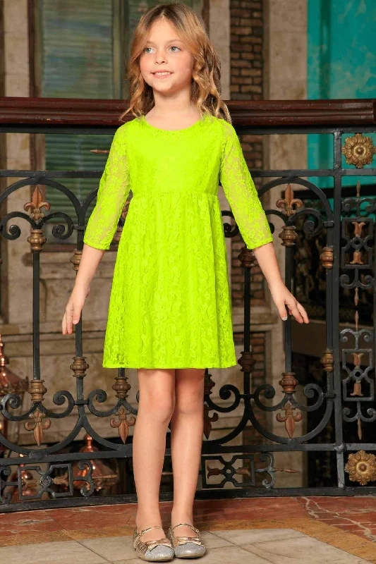 Bright Neon Yellow Stretchy Lace 3/4 Sleeve Empire Waist Dress - Girls Casual Short Summer Bright Neon Yellow Stretchy Lace 3/4 Sleeve Empire Waist Dress - Girls Casual Short Summer