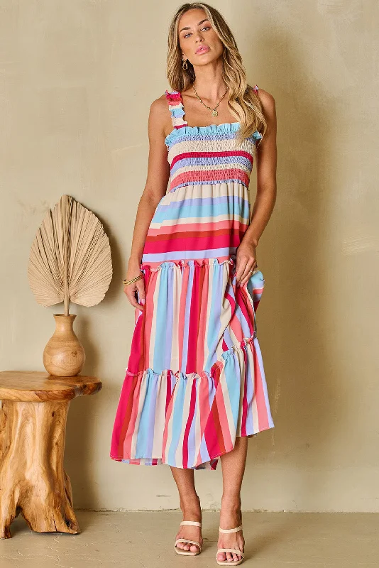 Ruffled Straps Smocked Tiered Long Dress Tunics Exclusive limited