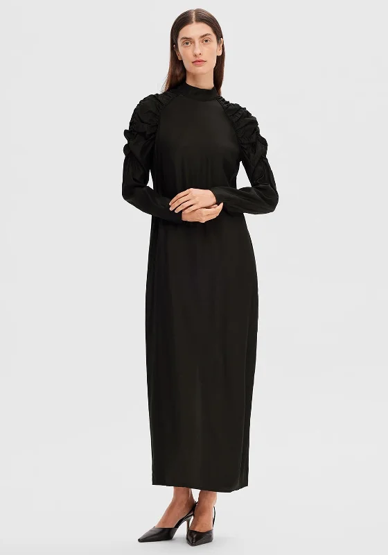 Selected Femme Nora Ruched Shoulder Detail Long Dress, Black Tunics Review highly