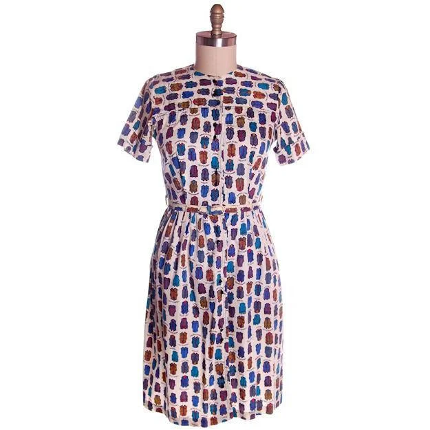 Vintage Cotton Dress Whimsical Vest Print Shirtwaist Style 1960s 39-28-Free Tunics Polka dots Vintage Cotton Dress Whimsical Vest Print Shirtwaist Style 1960s 39-28-Free Tunics Polka dots