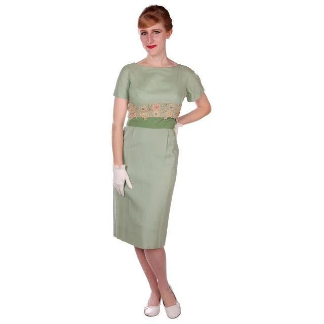 Vintage Dress Green Wiggle Linen 1950s Lace Waistband Ferman O'Grady 36-26-36 Turtleneck Warm Winter Vintage Dress Green Wiggle Linen 1950s Lace Waistband Ferman O'Grady 36-26-36 Turtleneck Warm Winter
