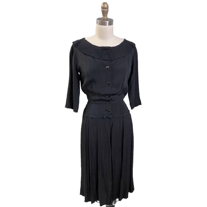 Vintage Day Dress Black Silk Micro-Pleated Dropped Waist Size 6 ish 1940s Square Neckline Feminine