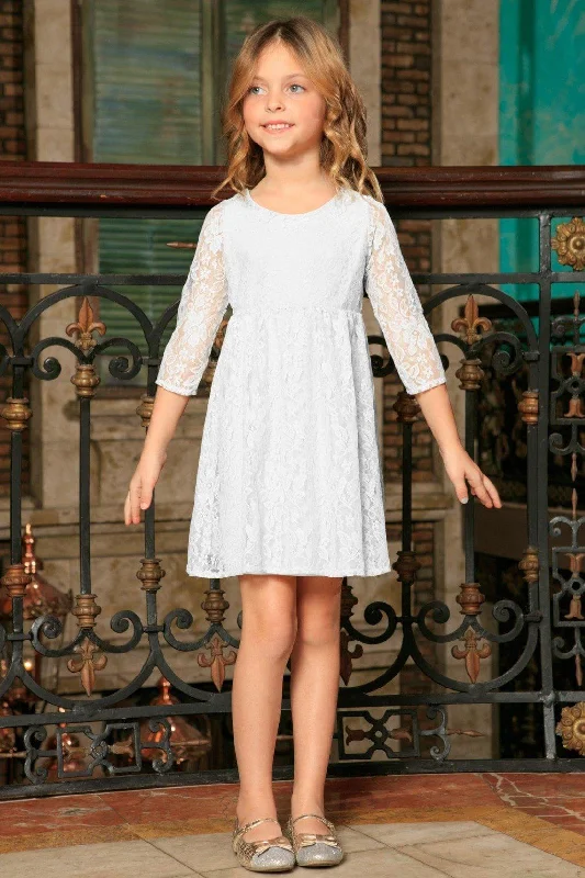 White Stretchy Lace Empire Waist Three-Quarter Sleeve Dress - Girls Floral Print girly White Stretchy Lace Empire Waist Three-Quarter Sleeve Dress - Girls Floral Print girly