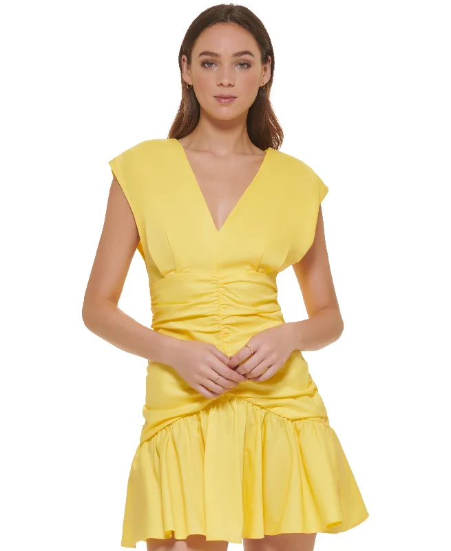 Women's V-Neck Empire-Waist Ruched Poplin Dress Tunics Short Trendy