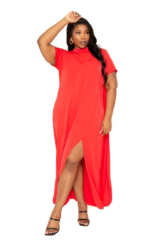 Mock neck back cape dress Square Neckline Feminine