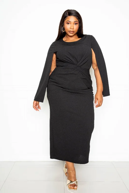 Cape Sleeve Dress With Knot Detail Turtleneck Neckline Stylish