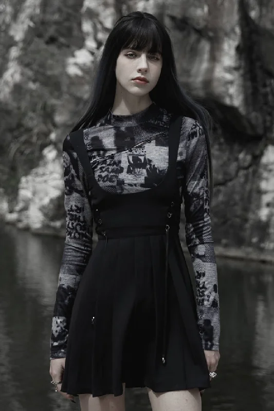 Black High Waisted Women's Pleated Gothic Slip Dress A-Line Day Work