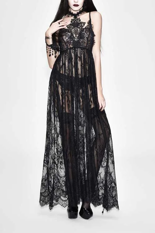 Black Mysterious Night Transparent Lace High Waist Sexy Halter Long Gothic Womens Dress Tunics Sophisticated sleek