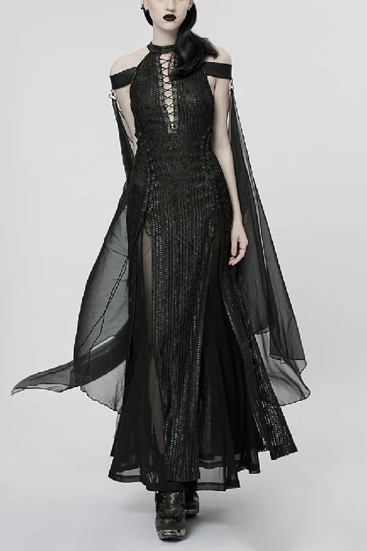 Black Side Slit Hollow Lace-Up Slim Mesh Women's Gothic Dress with Detachable Cape Tunics Trendy modern