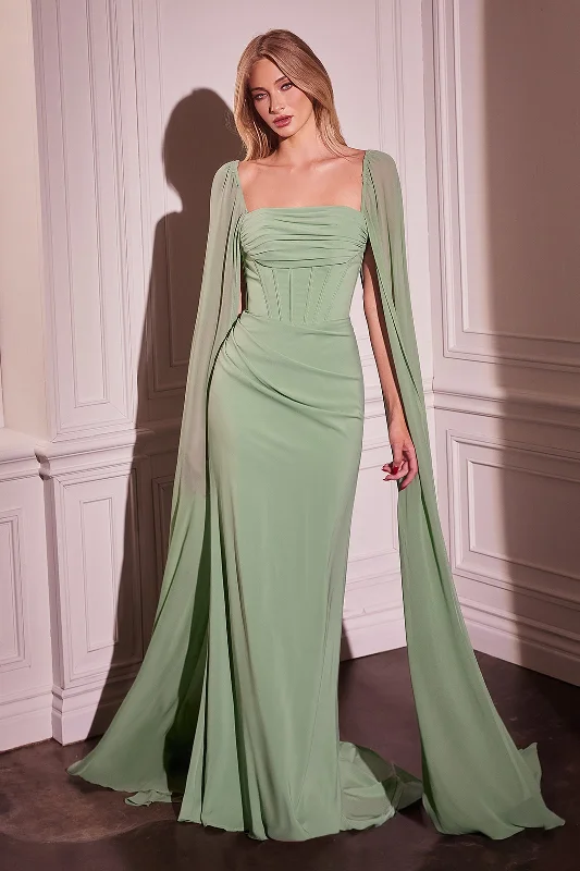Chiffon Fitted Cape Sleeve Gown by Ladivine CD356 Halter Neckline Beach