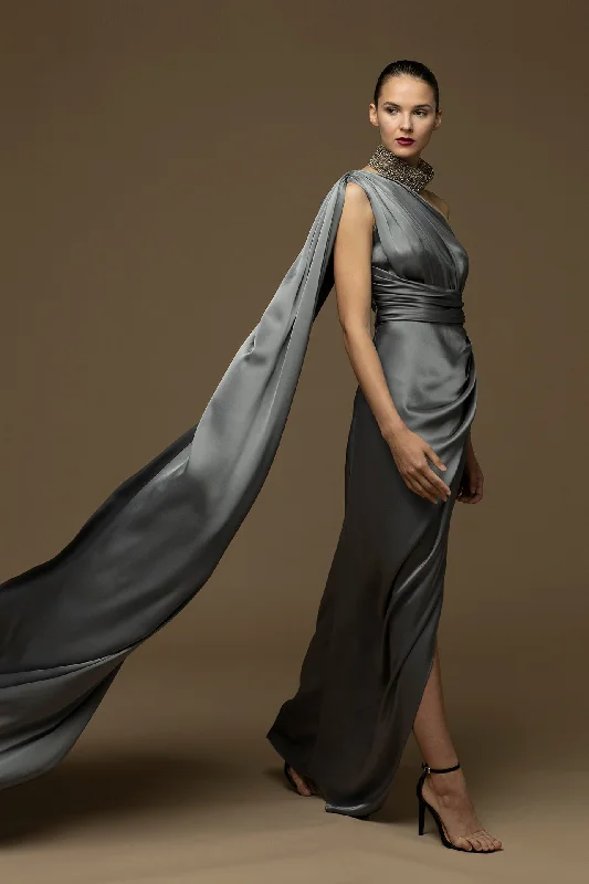 Draped cape sleeve asymmetrical dress Tunics Plaid country