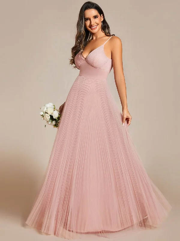 Empire Waist Spaghetti Sratp V-Neck Backless Tulle Bridesmaid Dress Off-the-shoulder Chic Trendy