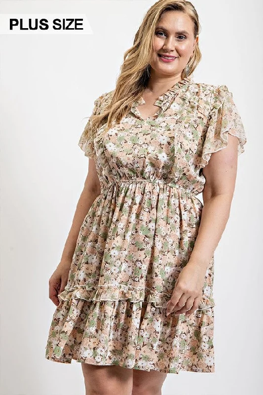 Floral Printed Ruffle Detail Dress With Elastic Waist Shift Classic Vintage