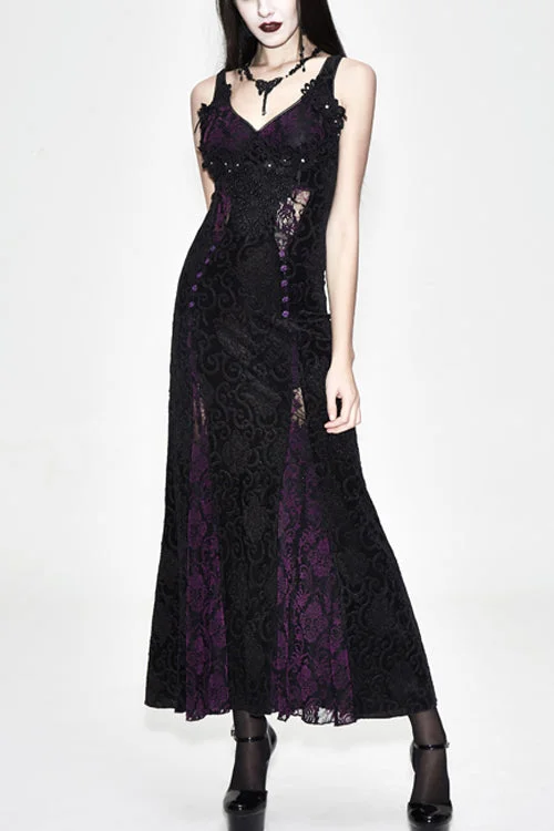 Gothic Nipped Waist Black With Purple Long Rose Lace Womens Dress Tunics Luxurious high-end