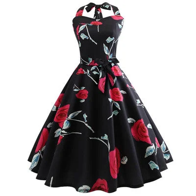 halter High Waist Elegant Red Rose Flower Floral Print Dress Retro Plus Size Polyester Summer Casual Print Black Skater Dress Tunics Long Elegant halter High Waist Elegant Red Rose Flower Floral Print Dress Retro Plus Size Polyester Summer Casual Print Black Skater Dress Tunics Long Elegant