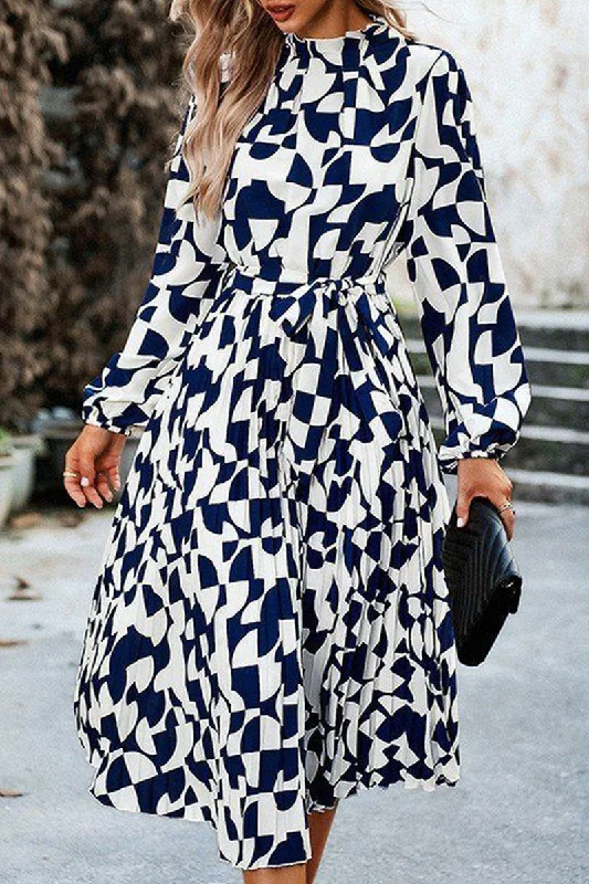 WOMEN RUFFLED HIGH NECK BELTED LONG DRESS Tunics Office stylish