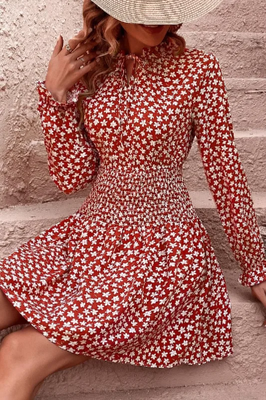FLORAL SLEEVE SLIM WAIST DRESS Tunics Review highly