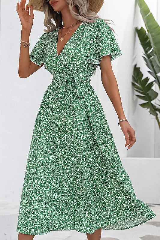 WOMEN RUFFLED SLEEVE HIGH WAIST SWING DRESS Off-the-shoulder Chic Trendy