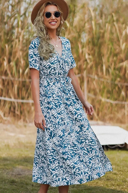 WOMEN PATTERNED WAIST TIED A LINE LONG DRESS Casual Short Summer