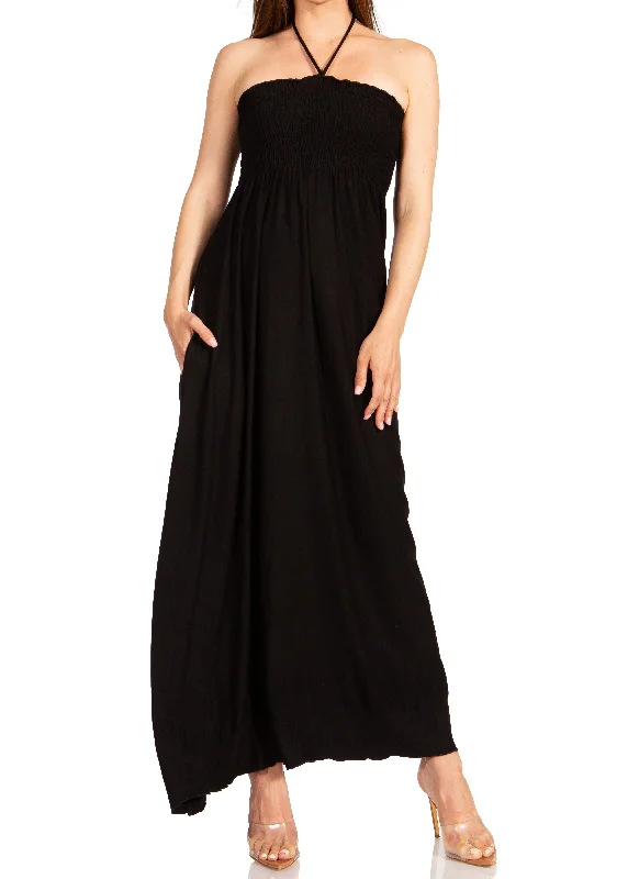 Sakkas Soft Jersey Feel Solid Color Smocked Bodice String Halter Long Dress Tunics Sale discount