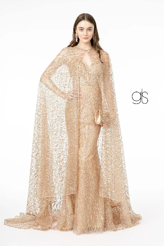 Jewel Embellished Bodice Long Prom Dress with Cape Tunics Chic elegant