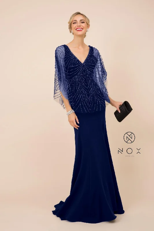Long Fitted V-Neck Formal Dress with Beaded Cape Prom Sale Tunics Trendy modern