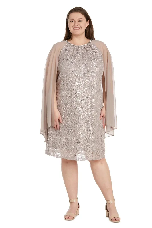 R&M Richards 2808W Plus Size Short Glitter Lace Cape Dress