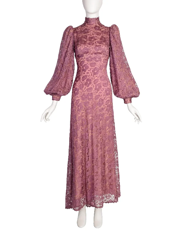 Stavropoulos Vintage 1970s Purple Mauve Lace Empire Waist Bishop Sleeve Dress Tunics Cozy soft