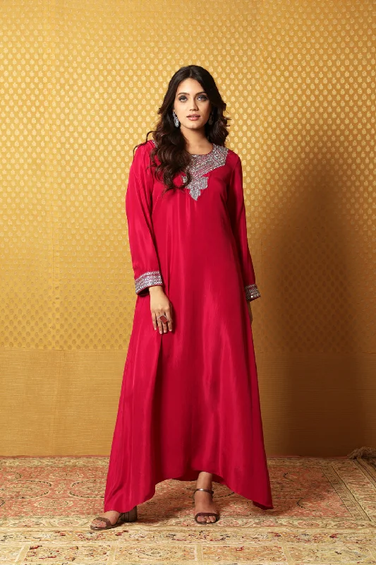 Jazzy-Pink Hand-Embroidered Pure Silk Long Dress Tunics Timeless classic