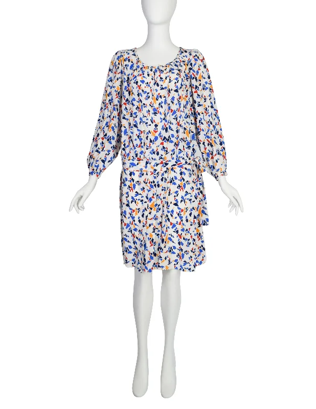 Yves Saint Laurent Vintage SS 1982 White Multicolor Abstract Print Silk Drop Waist Dress Tunics Custom made