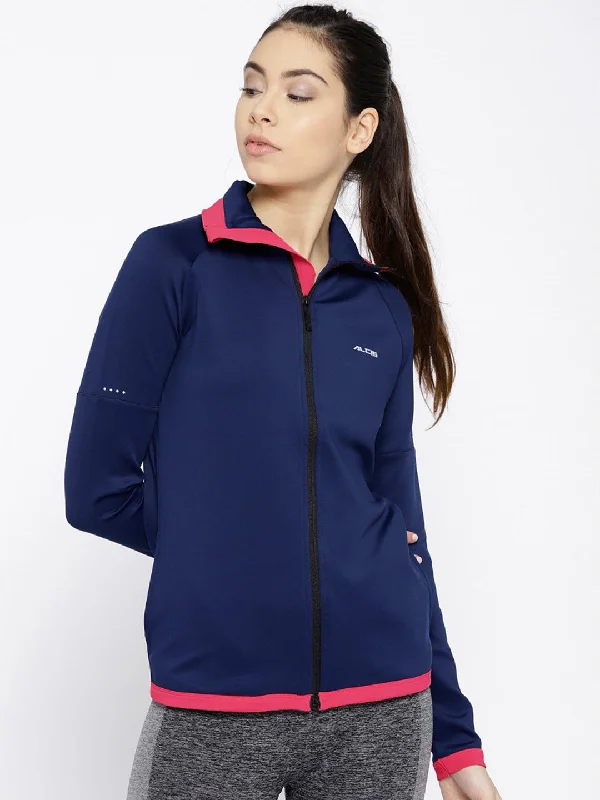 Alcis Women Navy Blue Solid Sporty Jacket Notch Collar Peter Pan Collar Cowl Neck