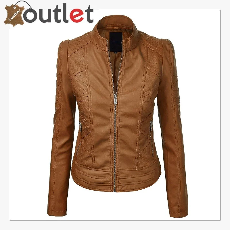 Brown High Light Leather Fashion Jacket Wool Fabric Cashmere Fabric Tweed Fabric