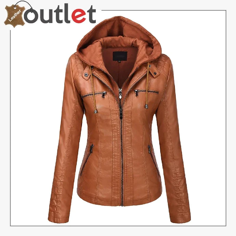 Brown Womens Hooded Faux Leather Fashion Jacket Oversized Jacket Tailored Jacket Straight Jacket Brown Womens Hooded Faux Leather Fashion Jacket Oversized Jacket Tailored Jacket Straight Jacket