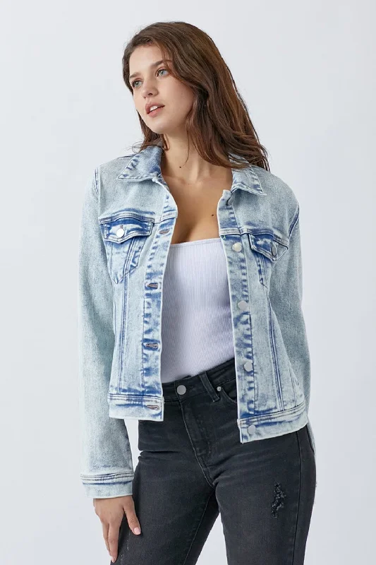 Button Up Washed Denim Jacket Nylon Fabric Polyester Fabric Spandex Fabric