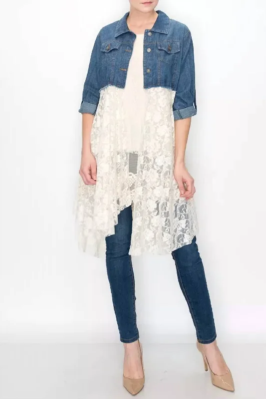 Cropped Jean Jacket With Lace In Denim/ivory Nylon Jacket Polyester Jacket Spandex Jacket Cropped Jean Jacket With Lace In Denim/ivory Nylon Jacket Polyester Jacket Spandex Jacket