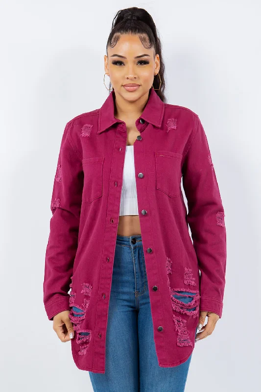 Distressed Button Up Long Sleeve Denim Jacket Bomber Jacket Anorak Windbreaker