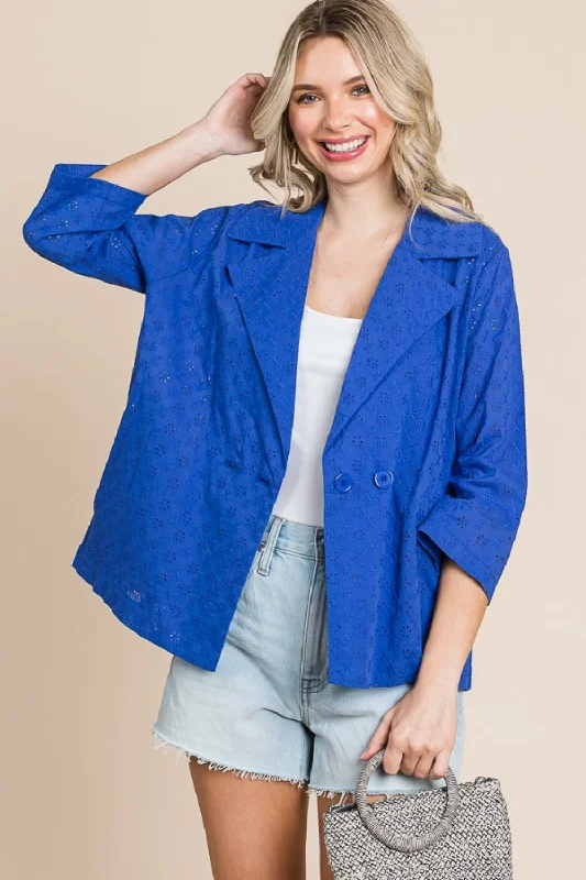 Double Breasted Eyelet Jacket with Pockets Tailored Jacket Straight Jacket A-Line Jacket Double Breasted Eyelet Jacket with Pockets Tailored Jacket Straight Jacket A-Line Jacket