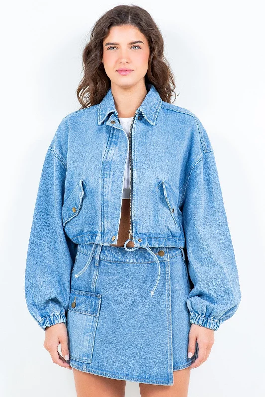 Drawstring Waist Crop Denim Jacket Quilted Jacket Puffer Jacket Insulated Jacket