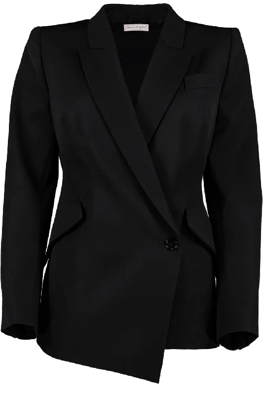 Drop Hem One Button Jacket Welt Pockets Slit Pockets Flap Pockets