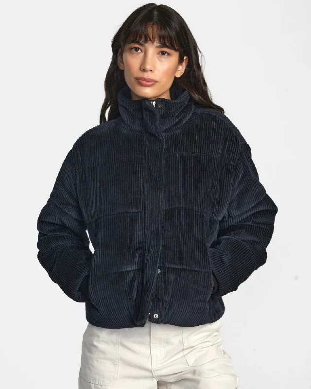 Eezeh Corduroy Puffer Jacket - RVCA Black Front Pockets Side Pockets Patch Pockets