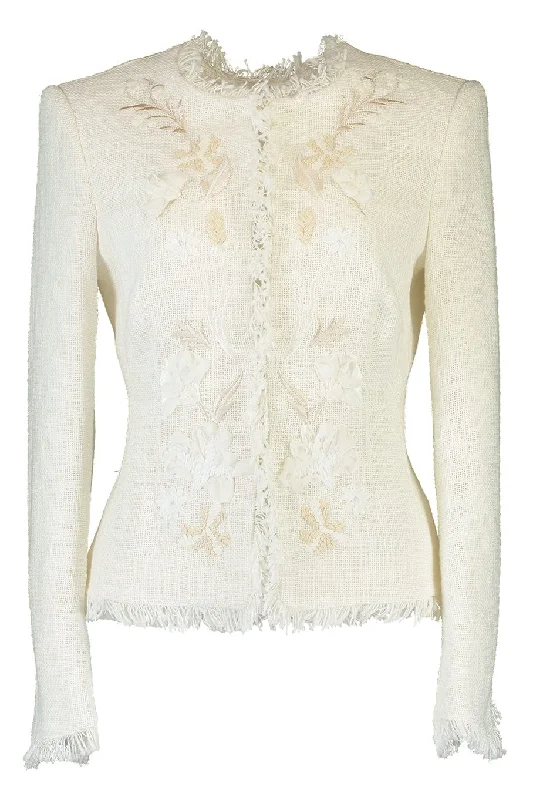 Embroidered Placket Jacket Notch Collar Peter Pan Collar Cowl Neck